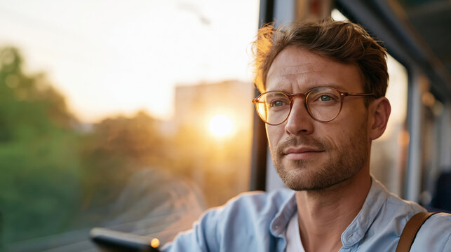 Thoughtful man with glasses looking outside window during golden hour travel