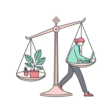 Woman balancing work and personal life on scales illustration