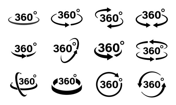 360 degree rotation arrow icon set, Circular symbols for turning, spinning and direction.