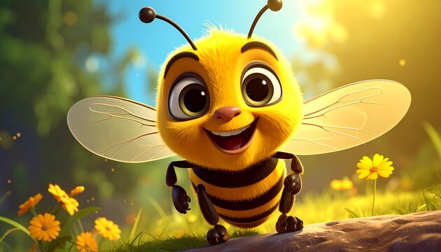 Cute cartoon bee smiling happily in a sunny meadow with blooming yellow flowers