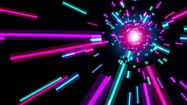 Abstract tunnel of glowing neon rectangles and particles, futuristic digital portal motion 4k video