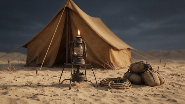 Desert camp with canvas tent stands under dark sky, lit by oil lamp in foreground. Coiled rope and worn bags rest on sand, giving remote camping setup rugged survival feel with camp gear nearby.