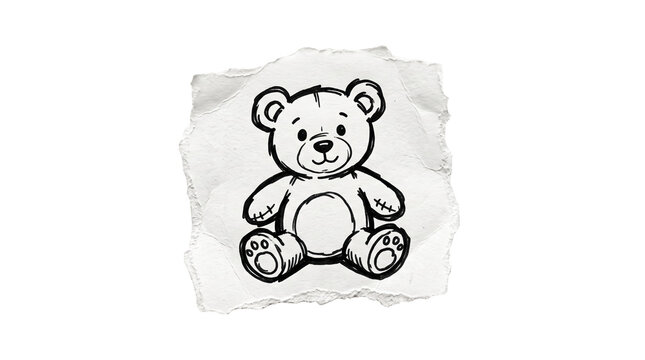 Hand-drawn teddy bear plush toy marker sketch on paper scrap, childhood and baby gift concept