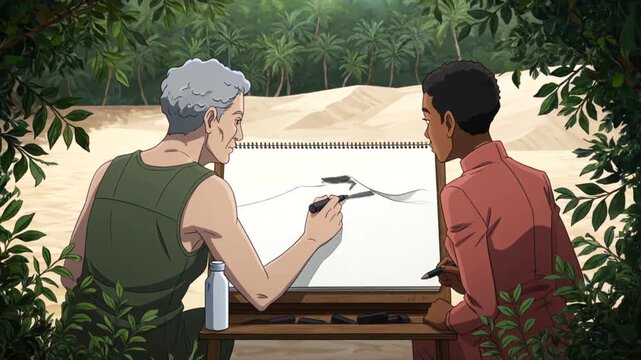 Older artist draws on sketch pad while younger companion observes, both seated at easel near sandy shore and dense palms. Fine line work and relaxed posture create quiet outdoor teaching moment.