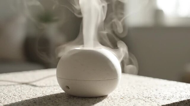 Aroma diffuser emits fine white steam on a stone surface in a sunlit room.