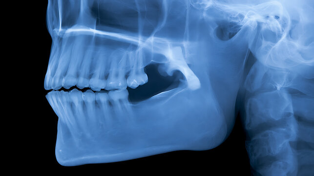 Medical dental xray scan showing human jaw bone structure teeth alignment and health condition profile view diagnostic radiology photography