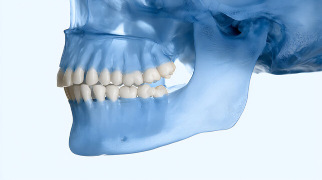 Medical illustration of a human skull side profile showing dental structure jawbone and teeth anatomy for healthcare and educational purpose