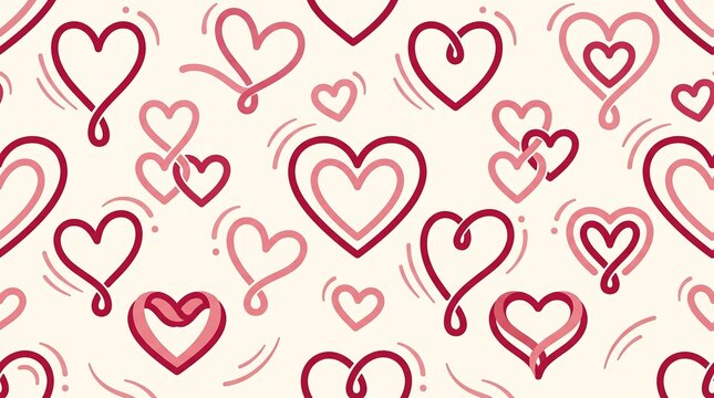 Seamless pattern with various heart shapes and decorative swirls in shades of red on cream... hearts