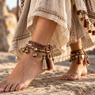 Boho Anklet Bracelets with Tassels and Charms on Bare Feet