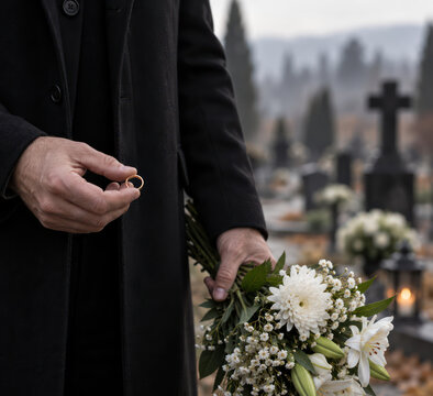 Widower Holding Wedding Ring and Funeral Flowers at Cemetery