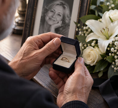 Widower Holding Wedding Ring Beside Late Wife Portrait and Funeral Flowers