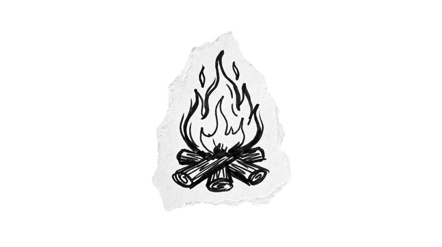 Hand-drawn campfire flame marker sketch on paper scrap, outdoor camping and adventure concept
