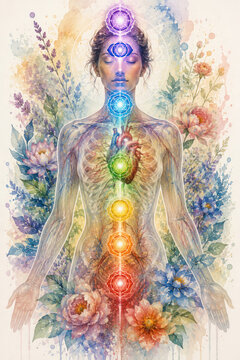Human Chakra System with Anatomical Heart and Flowers Watercolor Illustration