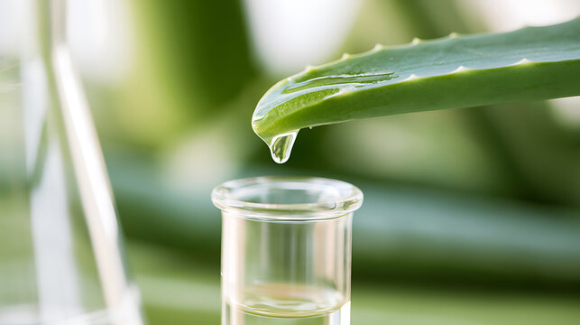 Aloe vera leaf, Aloe barbadensis miller, dripping fresh gel into a glass test tube in a laboratory for natural cosmetic product dev