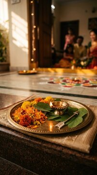 Dussehra pooja thali holding marigold flower petals, traditional brass diya, apta leaves, arrow symbol, celebrating Vijayadashami festival at home background.