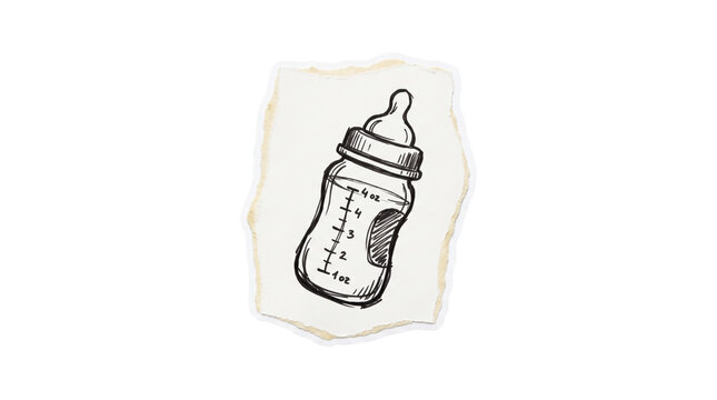 Hand-drawn baby bottle marker sketch on torn paper note, infant care and parenting concept