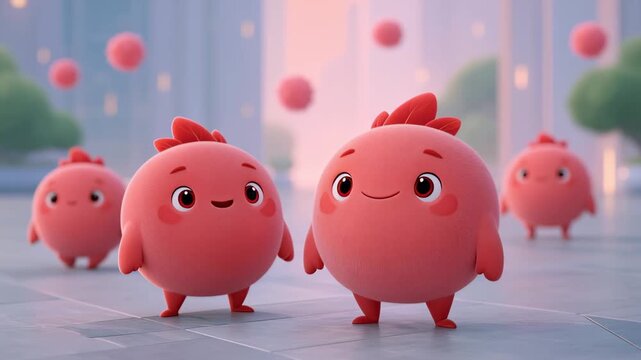 Adorable pink cartoon characters with happy faces standing on a city street before one transforms into a spiky germ and lifts another, symbolizing infection and viral transmission