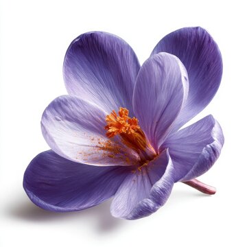 Single purple crocus flower with vibrant orange stigma isolated on pure white background.