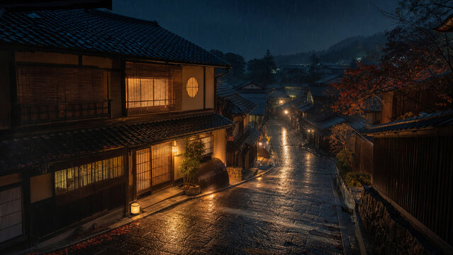 Rainy traditional Japanese alley after midnight