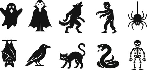 Obraz premium Set of black silhouette icons featuring various spooky halloween creatures and monsters on a white background