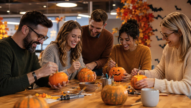 Colleagues decorating pumpkins during halloween team building event in modern office
