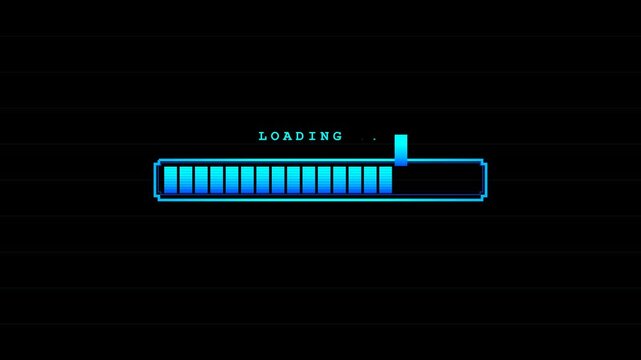Pixel Art 8 Bit Loading Progress Bar Animation with Glowing Blue Blocks UI