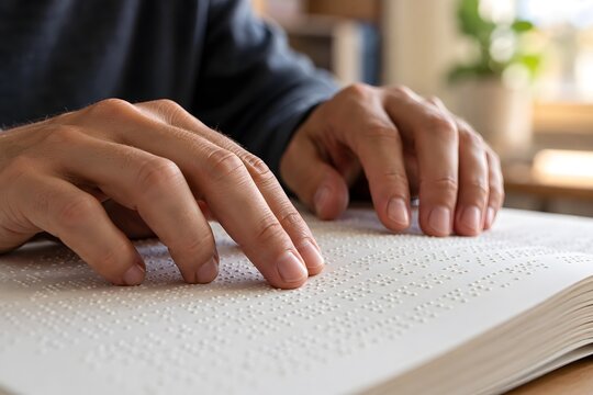 Close-up of fingers reading raised braille dots on a book page in soft natural light, ideal for visual impairment, education and accessibility content.