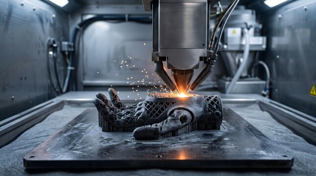Metal 3D printer nozzle depositing layers to create a prosthetic hand component, sharp layer detail, ideal for additive manufacturing and medical technology content.