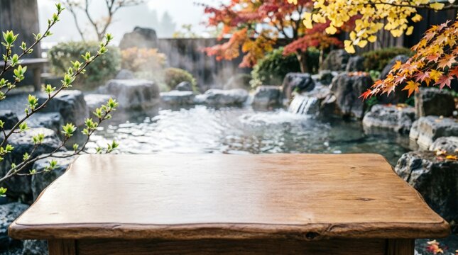 Wooden Table in Japanese Garden with Autumn Leaves and Hot Spring for Nature Background