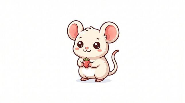 Cute cartoon mouse holding a strawberry with big eyes and pink ears