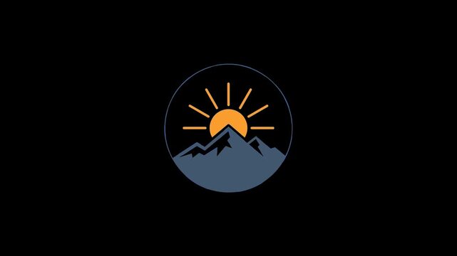 Mountain peak silhouette with rising sun inside a circular frame logo animation motion graphic featuring clean minimalist design elements isolated on a plain solid black background