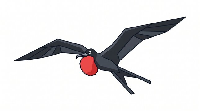 Frigate bird with inflated red throat pouch flying against white background