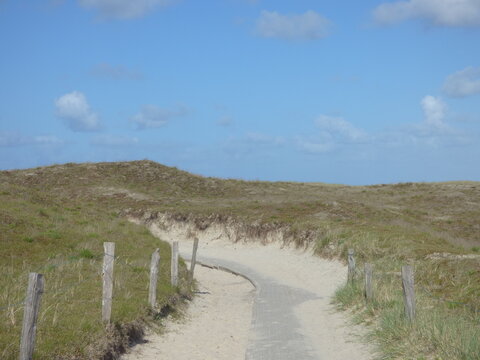 Ein Weg f&uuml;hrt durch bewachsene D&uuml;nen, die auf einer Nordseeinsel liegen. Der Himmel ist strahlend blau, geschm&uuml;ckt mit ein paar vereinzelten Wolken.