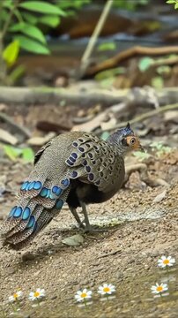 Grey Peacock Pheasant Foraging on Forest Floor Close Up