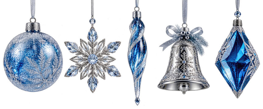Blue Christmas ornaments suspended on thin threads, including a ball, bell, star, and diamond with a silver pattern, isolated on a transparent background. A set of luxurious holiday decorations for th