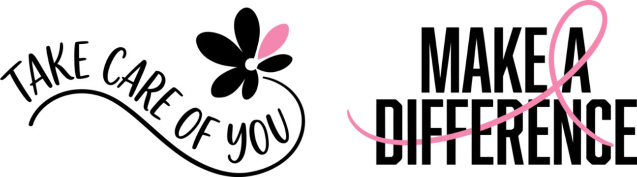 Inspirational typography designs for breast cancer awarness day featuring motivational quotes and pink ribbon graphic elements isolated