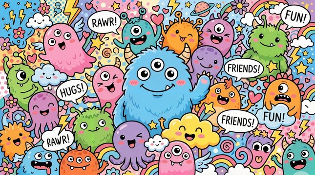 A group of cute cartoon monsters with speech bubbles.