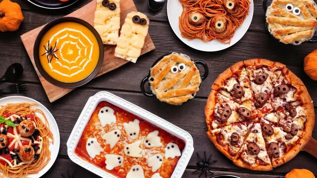 Spooky Halloween dinner party table scene over a dark wood background. Above view. Slow rotating zoom motion.
