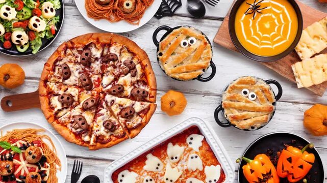 Spooky Halloween dinner party table scene over a white wood background. Top view. Slow rotating zoom motion.