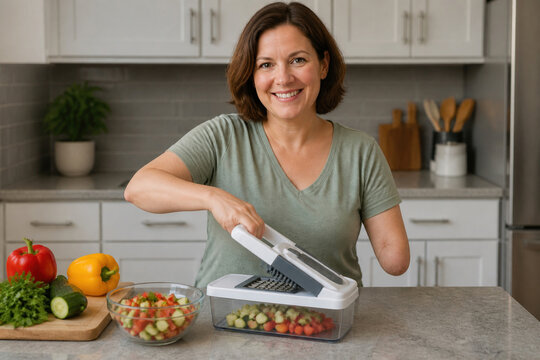 Woman with an arm amputation smiling, using a kitchen chopper to prepare fresh vegetables for a healthy meal