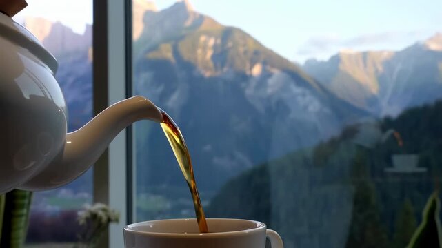 White ceramic teapot pours amber tea into matching cup beside a large window as sunlit mountain slopes and forested valley create a calm scenic background beyond