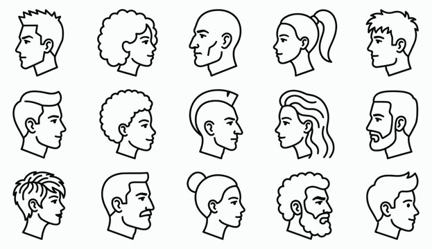 A comprehensive vector illustration set featuring diverse human head profiles with various hairstyles and facial features for design