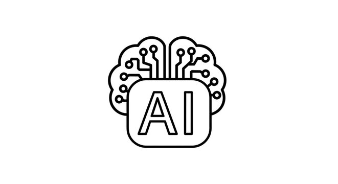 Black and white outline icon of a human brain integrated with digital circuit board components