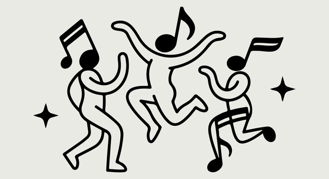 People dancing to music vector illustration with abstract musical notes and star icons