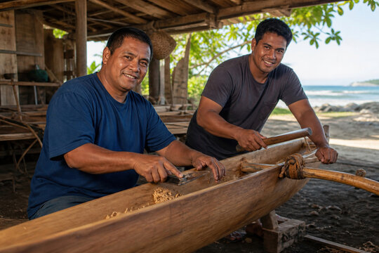 Pacific island men carving a traditional outrigger canoe, using hand tools and smiling at the viewer in a workshop