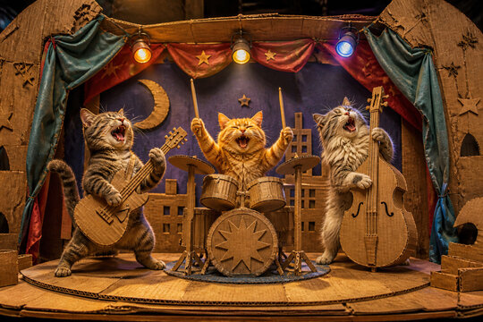 Cats band performing opera in a whimsical cardboard stage, playing guitar, drums, and upright bass