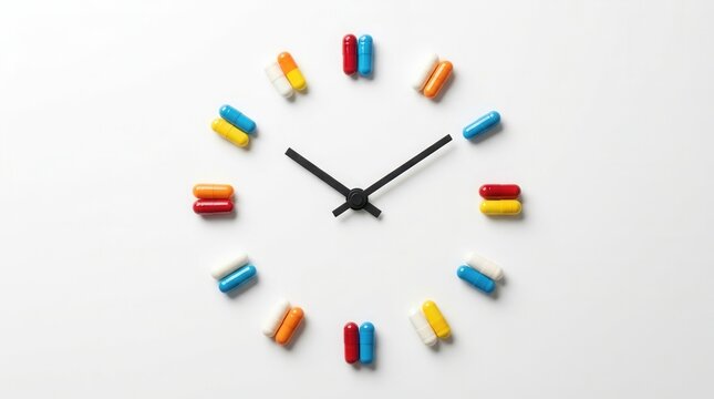 Medication times and health scheduling represented by a clock face made of colorful capsules.