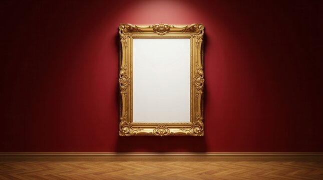 An exhibition master visual showing a gilded ornate frame on a royal red wall at an auction house or art gallery with a blank template.
