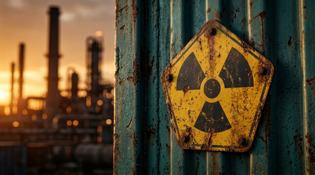 Yellow nuclear warning symbol on a rusted container indicating radioactive material risk.