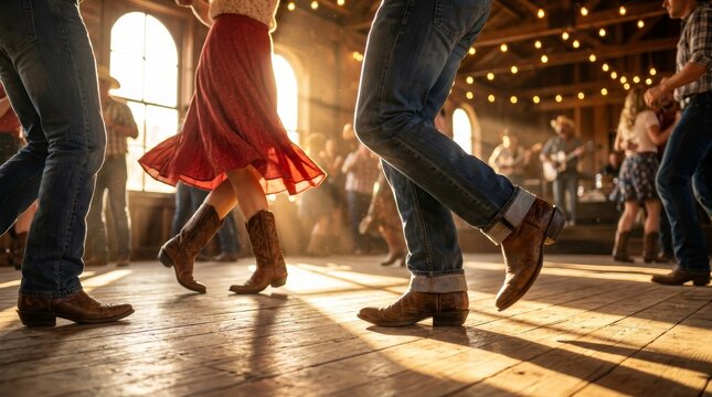 A group of dancers enjoys country music and line dancing on a wooden floor.
